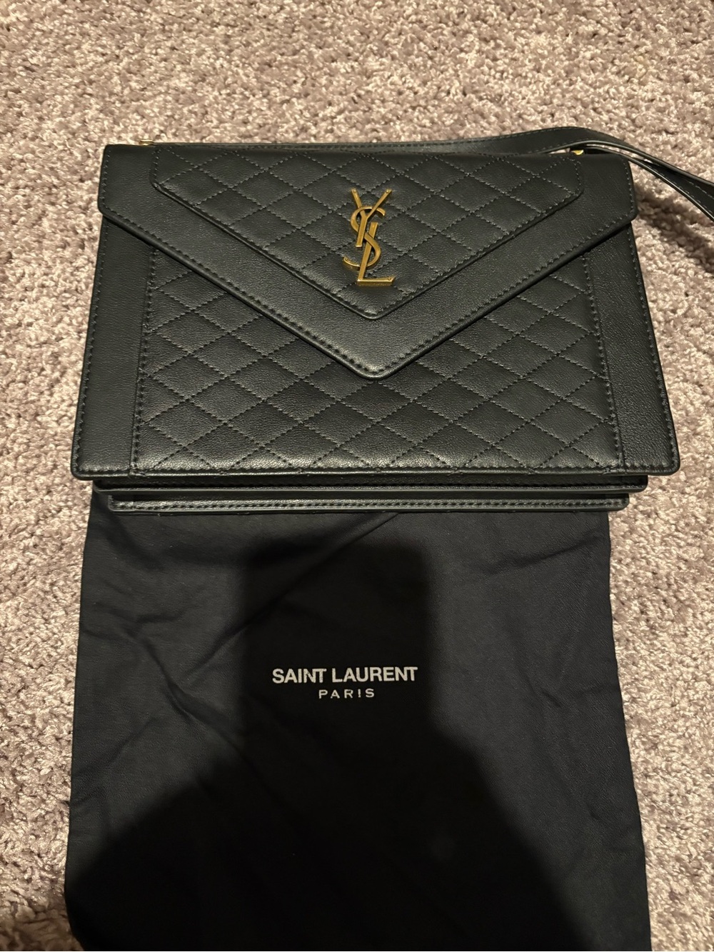 Saint Laurent Black Quilted Envelope Crossbody with Gold YSL
